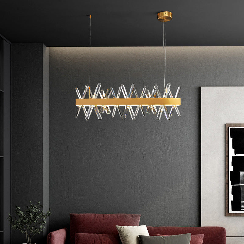 ثريات كريستال LED مستطيلة الشكل من الفولاذ المقاوم للصدأ بتصميم عصري فاخر لغرفة الطعام
