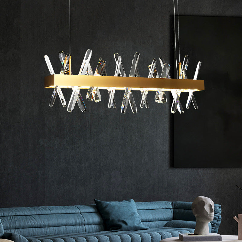 ثريات كريستال LED مستطيلة الشكل من الفولاذ المقاوم للصدأ بتصميم عصري فاخر لغرفة الطعام