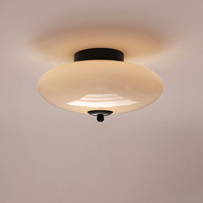 Modern Art Deco Drum Opal Iron Glass LED Semi-Flush Mount Ceiling Light For Bedroom