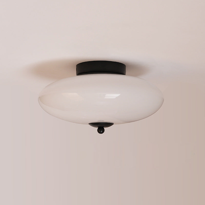 Modern Art Deco Drum Opal Iron Glass LED Semi-Flush Mount Ceiling Light For Bedroom