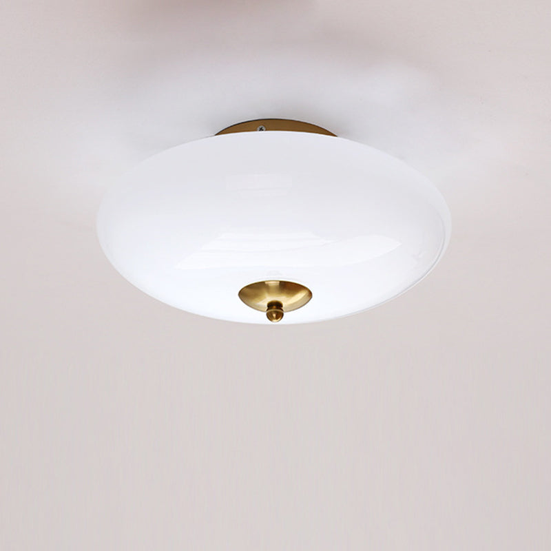 Modern Art Deco Drum Opal Iron Glass LED Semi-Flush Mount Ceiling Light For Bedroom