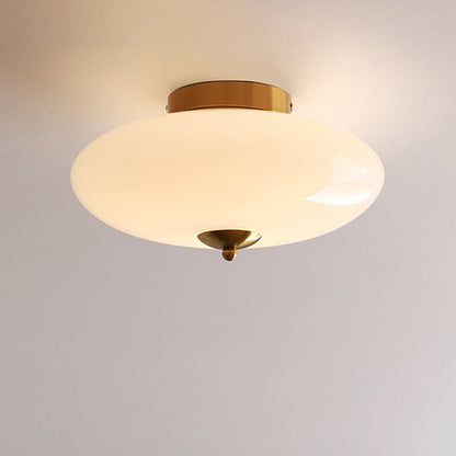 Modern Art Deco Drum Opal Iron Glass LED Semi-Flush Mount Ceiling Light For Bedroom