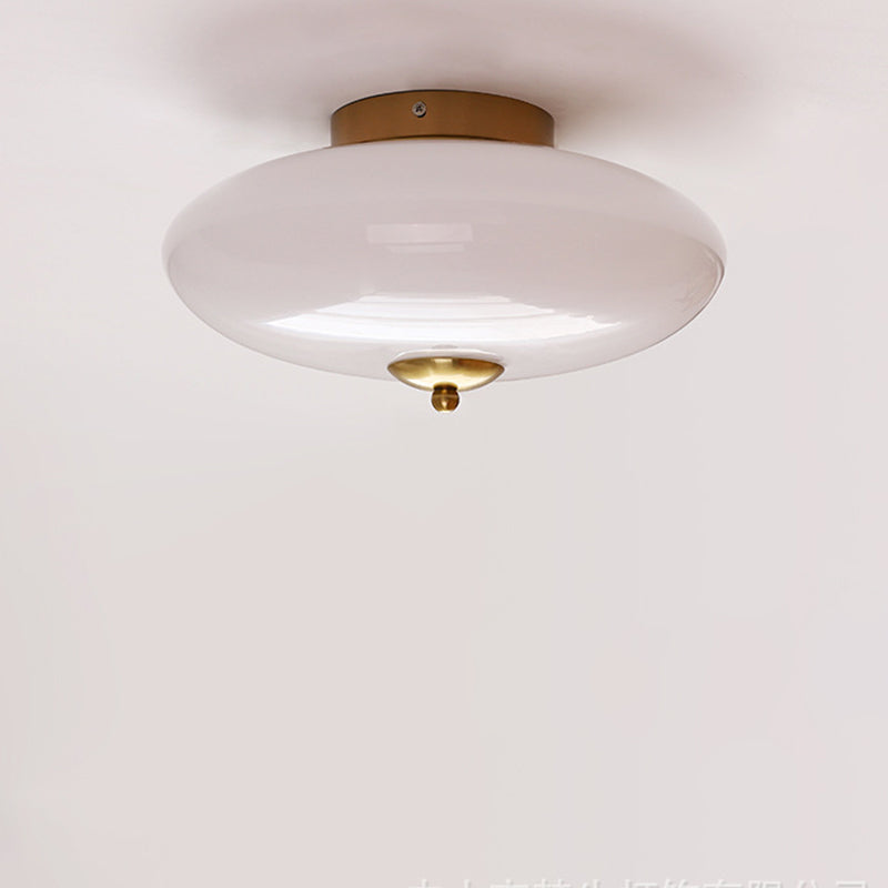 Modern Art Deco Drum Opal Iron Glass LED Semi-Flush Mount Ceiling Light For Bedroom