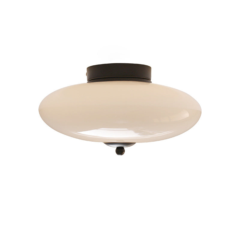 Modern Art Deco Drum Opal Iron Glass LED Semi-Flush Mount Ceiling Light For Bedroom