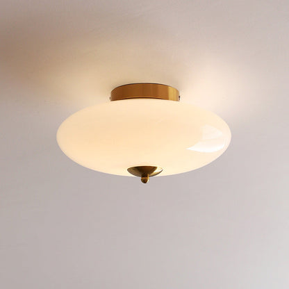 Modern Art Deco Drum Opal Iron Glass LED Semi-Flush Mount Ceiling Light For Bedroom