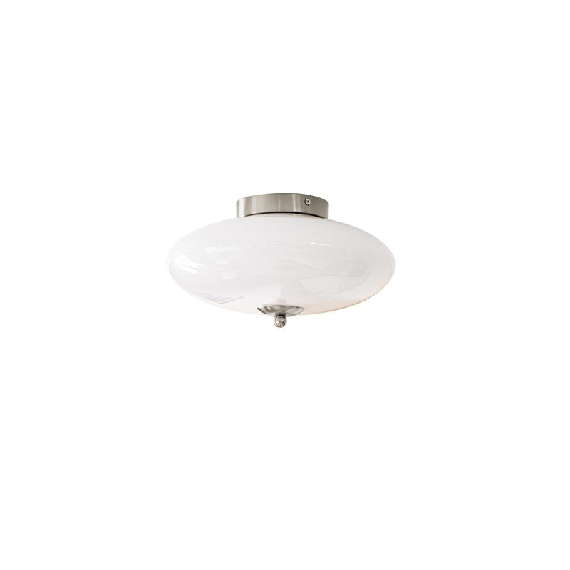 Modern Art Deco Drum Opal Iron Glass LED Semi-Flush Mount Ceiling Light For Bedroom
