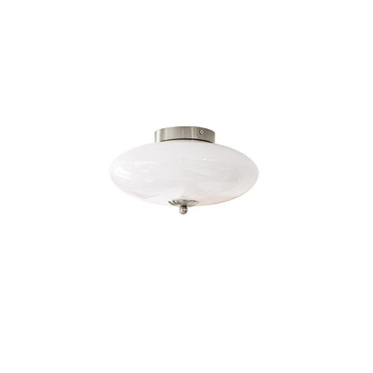 Modern Art Deco Drum Opal Iron Glass LED Semi-Flush Mount Ceiling Light For Bedroom