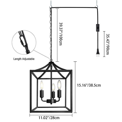 Contemporary Industrial Square Frame Iron 3-Light Pendant Light For Dining Room