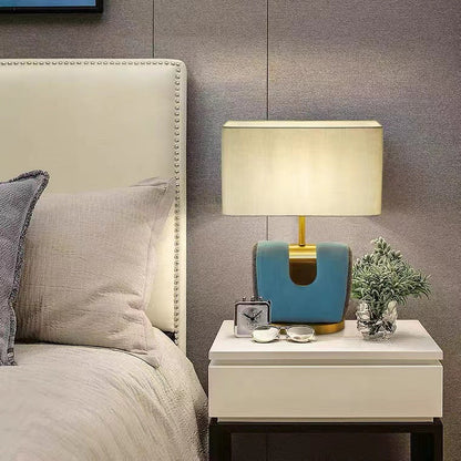 Traditional Vintage Rectangle Hardware Flannel Fabric 1-Light Table Lamp For Bedroom