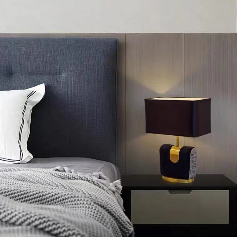Traditional Vintage Rectangle Hardware Flannel Fabric 1-Light Table Lamp For Bedroom