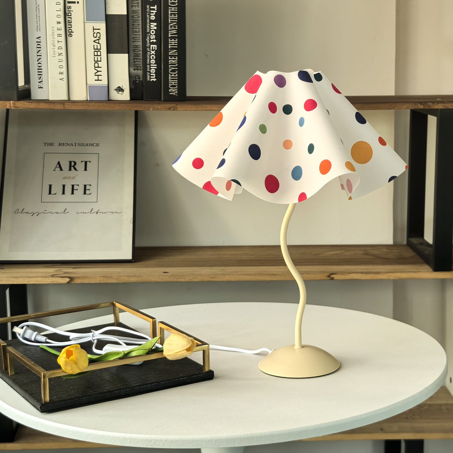 Contemporary Nordic Umbrella Shaped Petal Irregular Dopamine Colorful Dots Hardware Fabric 1-Light Table Lamp For Bedroom