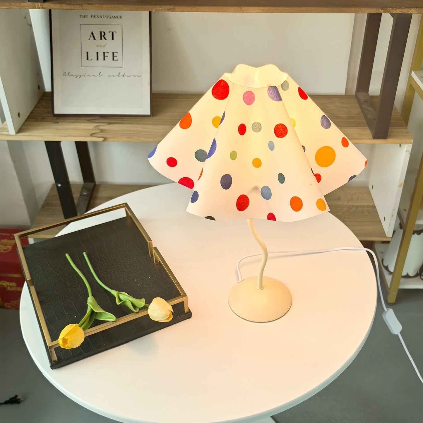 Contemporary Nordic Umbrella Shaped Petal Irregular Dopamine Colorful Dots Hardware Fabric 1-Light Table Lamp For Bedroom