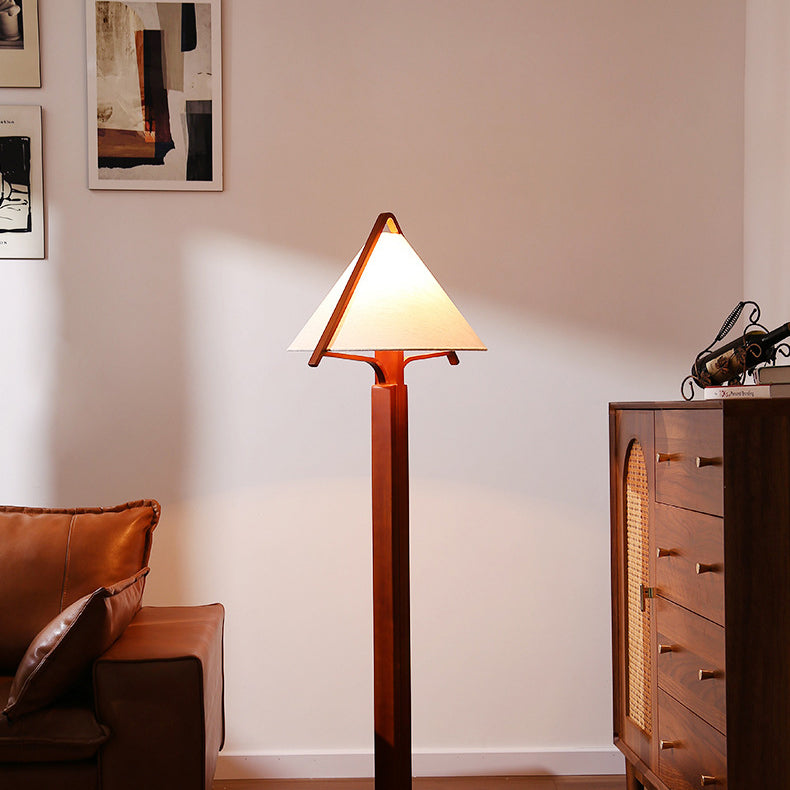 Traditional Vintage Triangle Shape Round Cone Wood Linen 1-Light Standing Floor Lamp For Bedroom