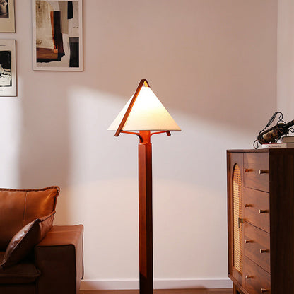Traditional Vintage Triangle Shape Round Cone Wood Linen 1-Light Standing Floor Lamp For Bedroom