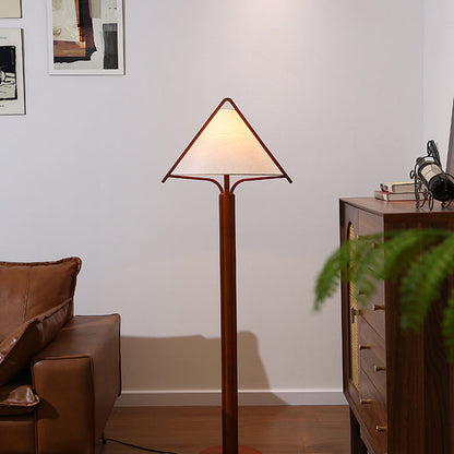 Traditional Vintage Triangle Shape Round Cone Wood Linen 1-Light Standing Floor Lamp For Bedroom