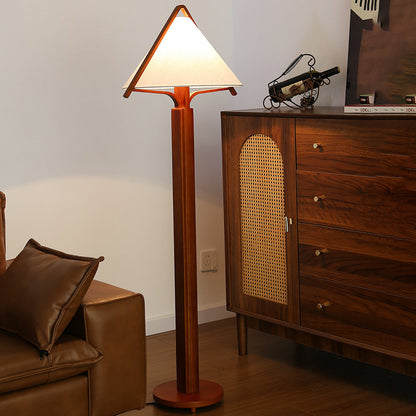 Traditional Vintage Triangle Shape Round Cone Wood Linen 1-Light Standing Floor Lamp For Bedroom