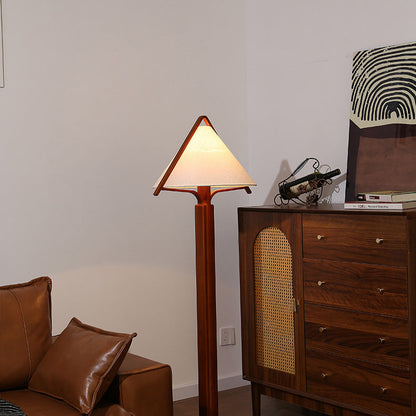 Traditional Vintage Triangle Shape Round Cone Wood Linen 1-Light Standing Floor Lamp For Bedroom