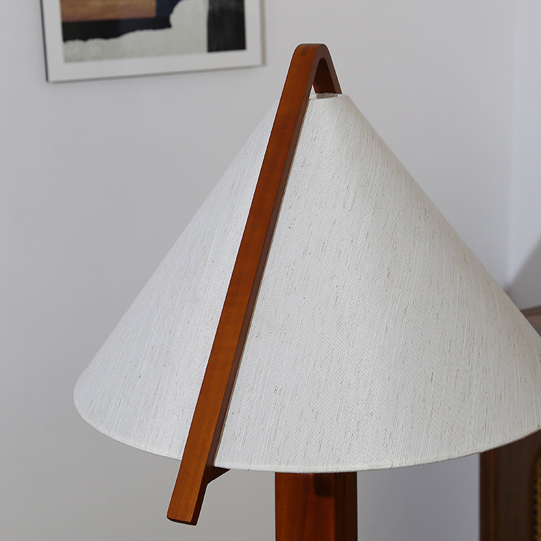 Traditional Vintage Triangle Shape Round Cone Wood Linen 1-Light Standing Floor Lamp For Bedroom