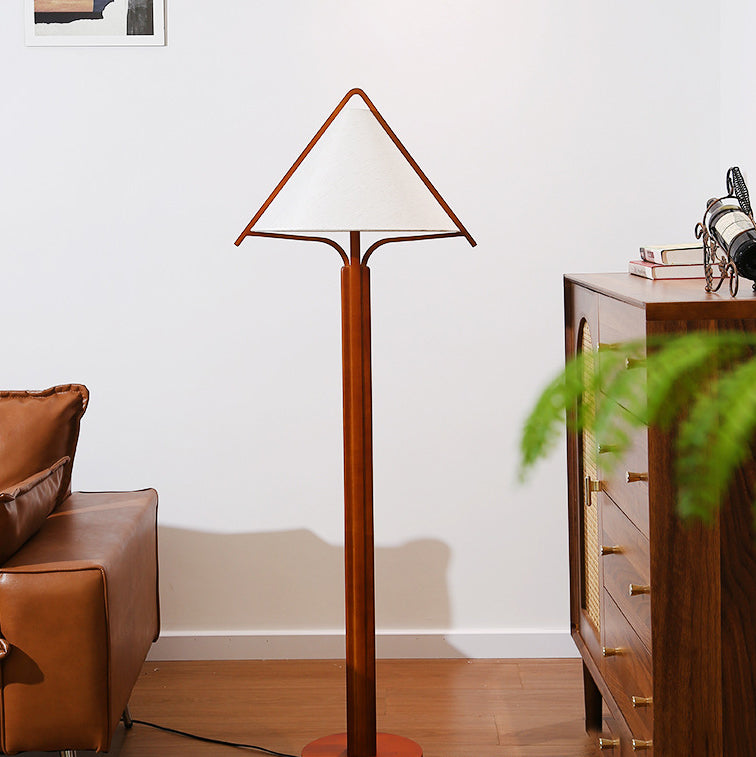 Traditional Vintage Triangle Shape Round Cone Wood Linen 1-Light Standing Floor Lamp For Bedroom