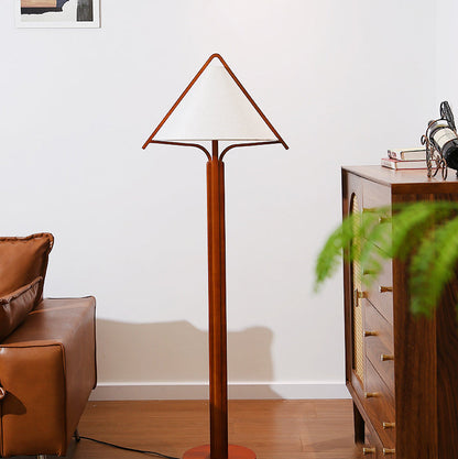 Traditional Vintage Triangle Shape Round Cone Wood Linen 1-Light Standing Floor Lamp For Bedroom
