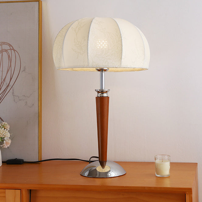 Traditional Vintage Pull Chain Dome Peony Print Pattern Fabric Wood Iron 1-Light Table Lamp For Bedroom