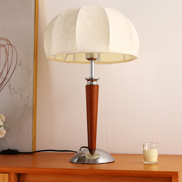 Traditional Vintage Pull Chain Dome Peony Print Pattern Fabric Wood Iron 1-Light Table Lamp For Bedroom
