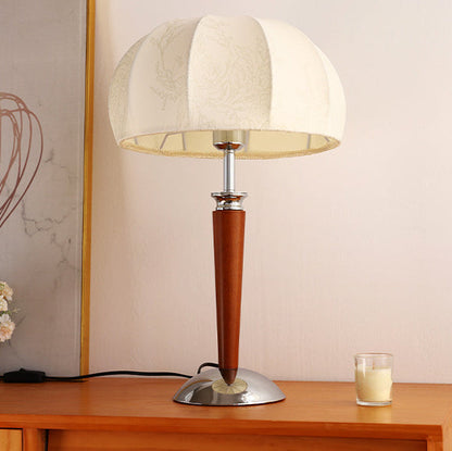 Traditional Vintage Pull Chain Dome Peony Print Pattern Fabric Wood Iron 1-Light Table Lamp For Bedroom