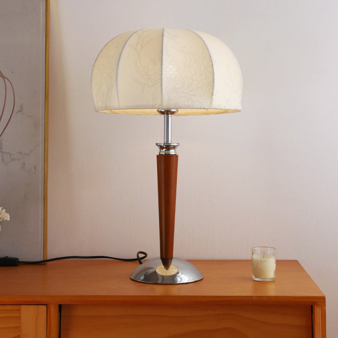 Traditional Vintage Pull Chain Dome Peony Print Pattern Fabric Wood Iron 1-Light Table Lamp For Bedroom