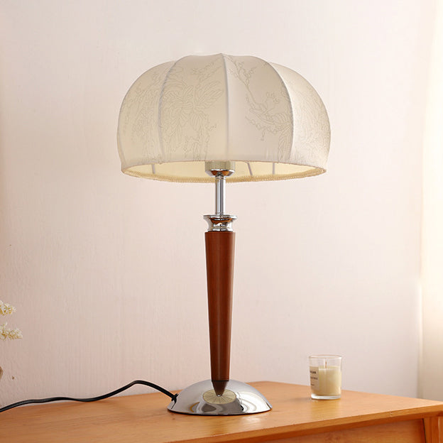 Traditional Vintage Pull Chain Dome Peony Print Pattern Fabric Wood Iron 1-Light Table Lamp For Bedroom