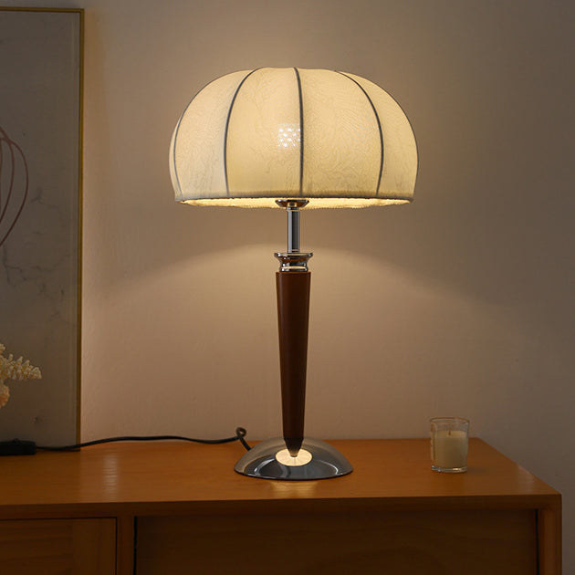 Traditional Vintage Pull Chain Dome Peony Print Pattern Fabric Wood Iron 1-Light Table Lamp For Bedroom