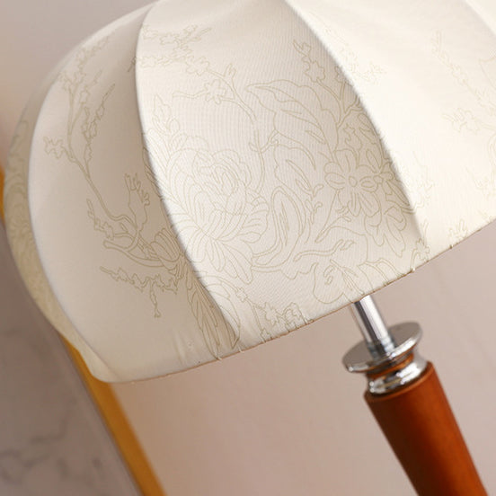 Traditional Vintage Pull Chain Dome Peony Print Pattern Fabric Wood Iron 1-Light Table Lamp For Bedroom