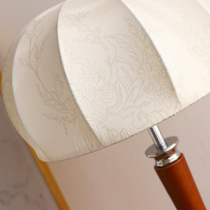 Traditional Vintage Pull Chain Dome Peony Print Pattern Fabric Wood Iron 1-Light Table Lamp For Bedroom