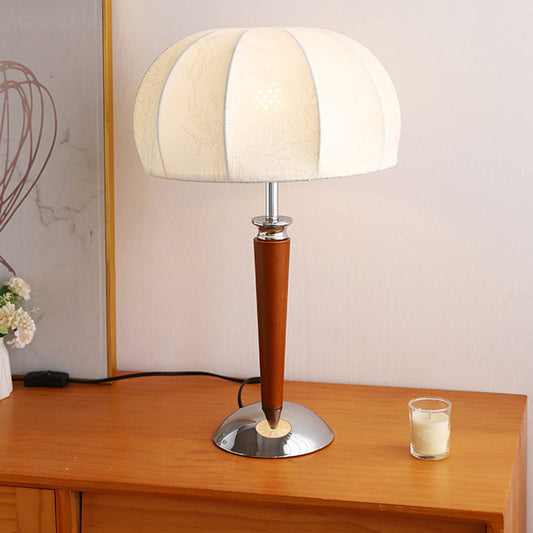 Traditional Vintage Pull Chain Dome Peony Print Pattern Fabric Wood Iron 1-Light Table Lamp For Bedroom
