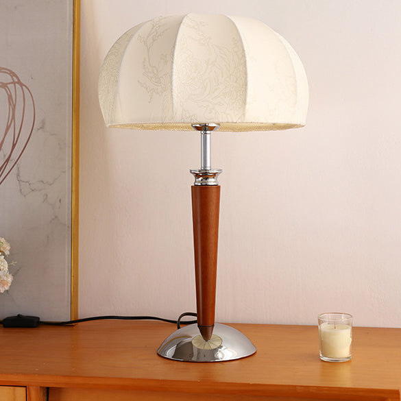 Traditional Vintage Pull Chain Dome Peony Print Pattern Fabric Wood Iron 1-Light Table Lamp For Bedroom