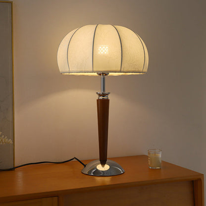 Traditional Vintage Pull Chain Dome Peony Print Pattern Fabric Wood Iron 1-Light Table Lamp For Bedroom