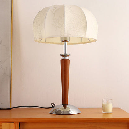 Traditional Vintage Pull Chain Dome Peony Print Pattern Fabric Wood Iron 1-Light Table Lamp For Bedroom