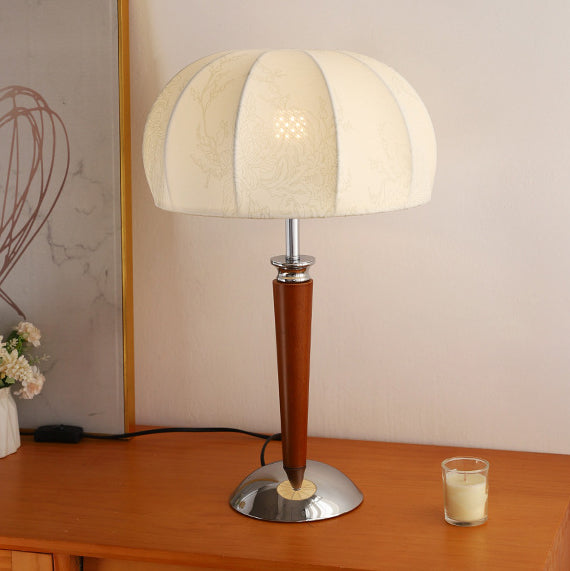Traditional Vintage Pull Chain Dome Peony Print Pattern Fabric Wood Iron 1-Light Table Lamp For Bedroom