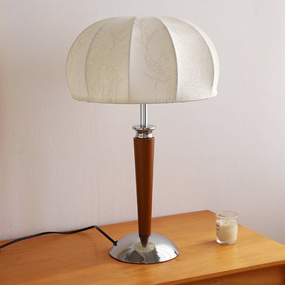 Traditional Vintage Pull Chain Dome Peony Print Pattern Fabric Wood Iron 1-Light Table Lamp For Bedroom