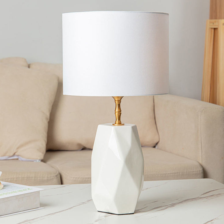 Modern Luxury Cone Straight Tube Faceted Ceramic Brass Fabric 1-Light Table Lamp For Bedroom