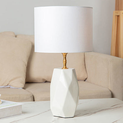 Modern Luxury Cone Straight Tube Faceted Ceramic Brass Fabric 1-Light Table Lamp For Bedroom