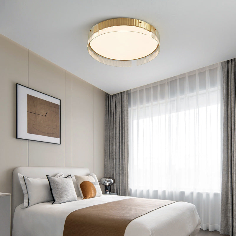 Modern Minimalist Round Vertical Pattern Glass PVC Metal LED Flush Mount Ceiling Light For Living Room