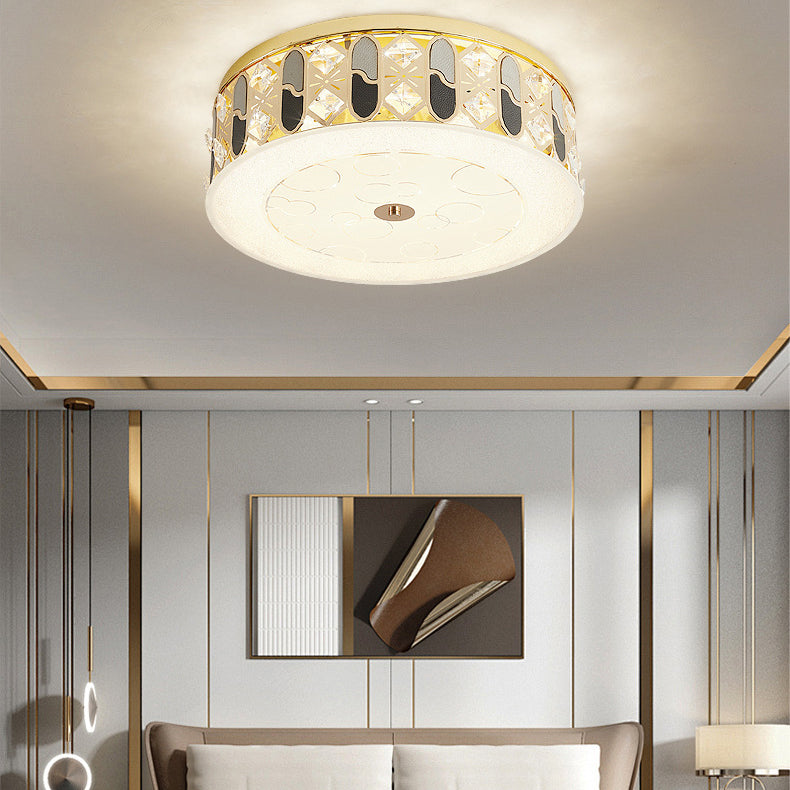 Modern Luxury Round Crystal Square Beads Flower Wave Pattern Hardware Leather Shell Glass LED Flush Mount Ceiling Light For Bedroom