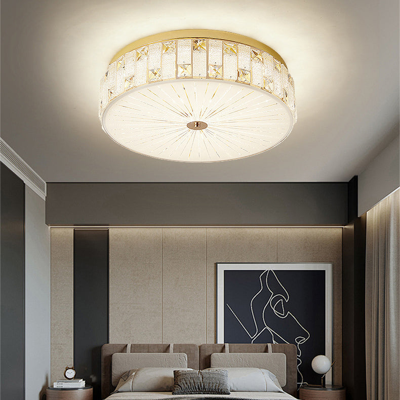 Modern Luxury Round Crystal Square Beads Flower Wave Pattern Hardware Leather Shell Glass LED Flush Mount Ceiling Light For Bedroom
