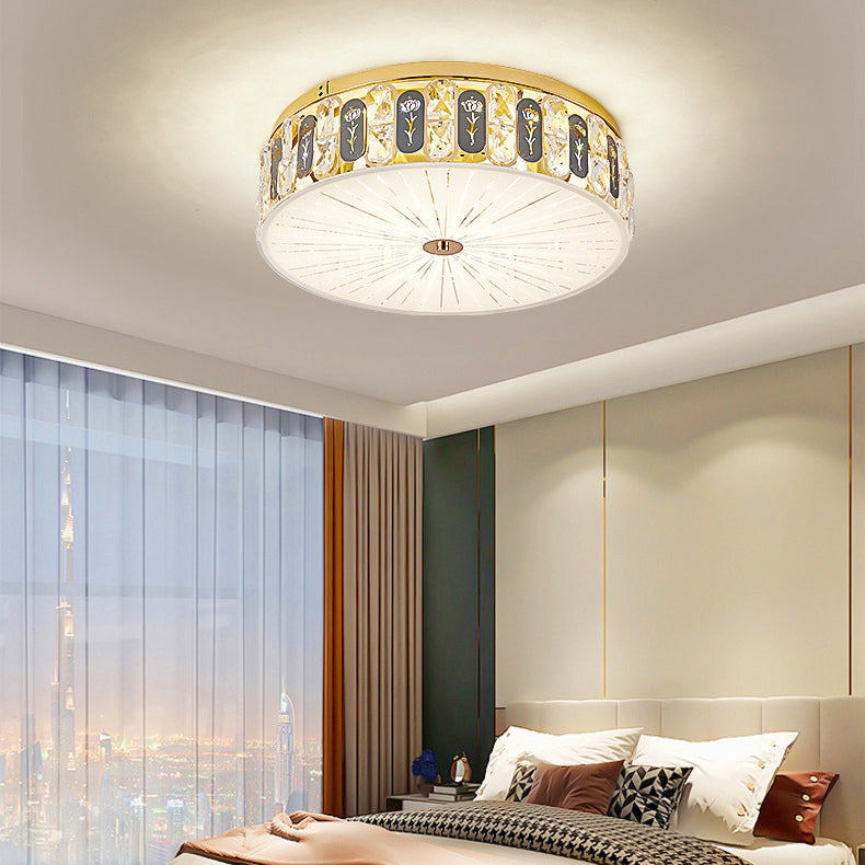 Modern Luxury Round Crystal Square Beads Flower Wave Pattern Hardware Leather Shell Glass LED Flush Mount Ceiling Light For Bedroom