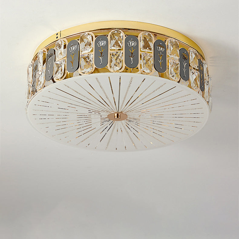 Modern Luxury Round Crystal Square Beads Flower Wave Pattern Hardware Leather Shell Glass LED Flush Mount Ceiling Light For Bedroom