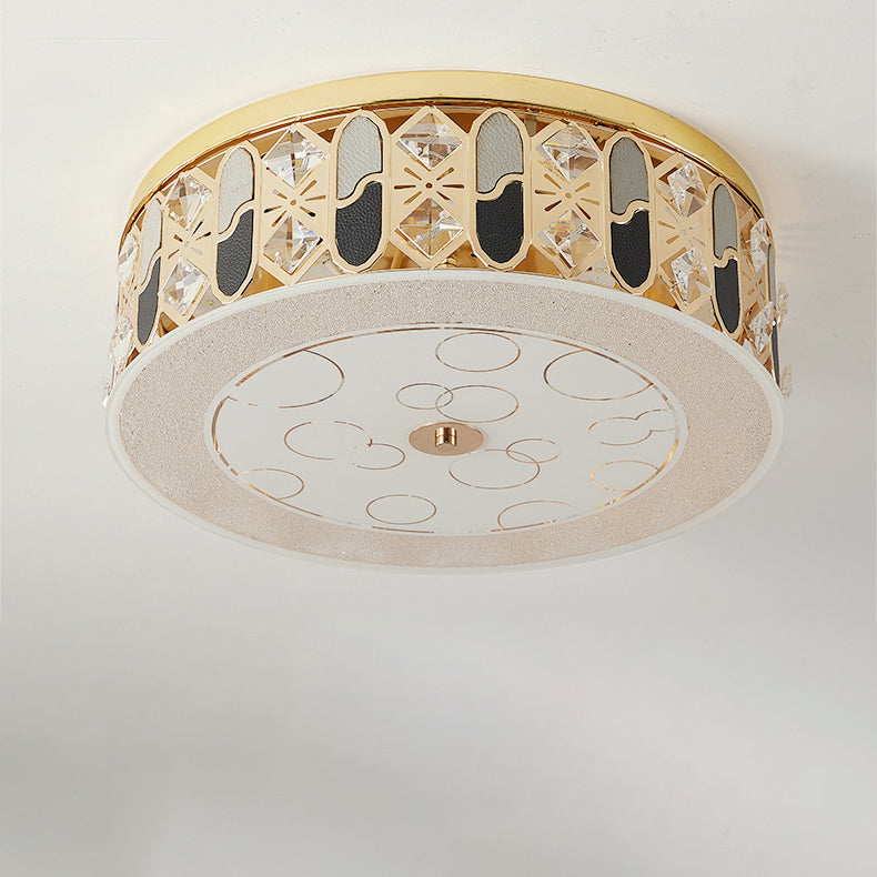 Modern Luxury Round Crystal Square Beads Flower Wave Pattern Hardware Leather Shell Glass LED Flush Mount Ceiling Light For Bedroom