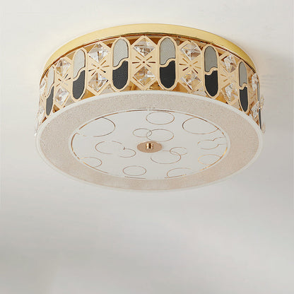 Modern Luxury Round Crystal Square Beads Flower Wave Pattern Hardware Leather Shell Glass LED Flush Mount Ceiling Light For Bedroom