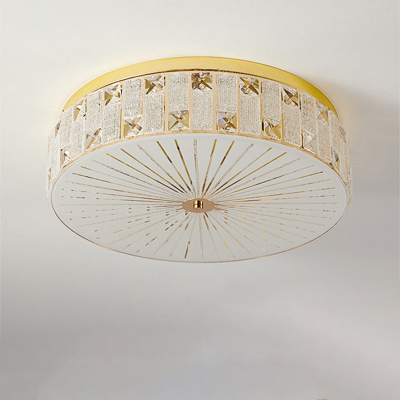 Modern Luxury Round Crystal Square Beads Flower Wave Pattern Hardware Leather Shell Glass LED Flush Mount Ceiling Light For Bedroom