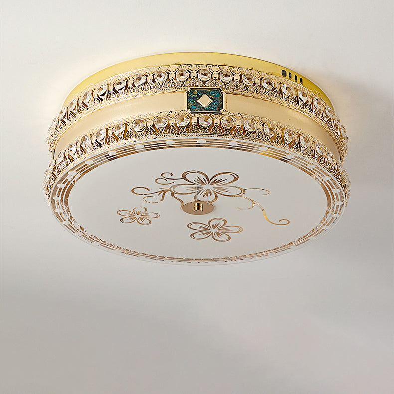 Modern Luxury Round Crystal Square Beads Flower Wave Pattern Hardware Leather Shell Glass LED Flush Mount Ceiling Light For Bedroom