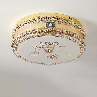 Modern Luxury Round Crystal Square Beads Flower Wave Pattern Hardware Leather Shell Glass LED Flush Mount Ceiling Light For Bedroom